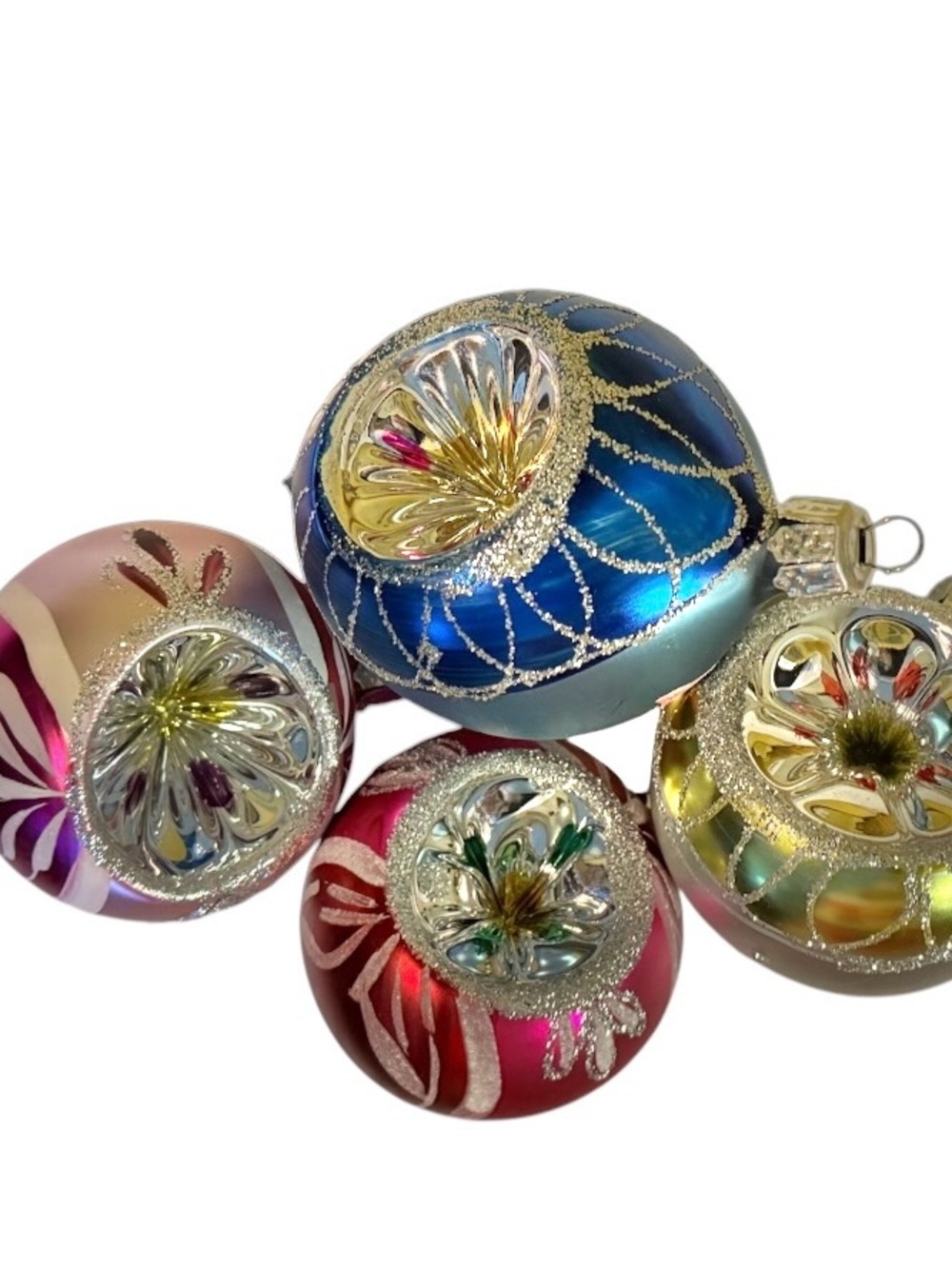 Vtg Christmas Indented Mercury Blown Glass Holiday Ornaments 3-round 1-teardrop
